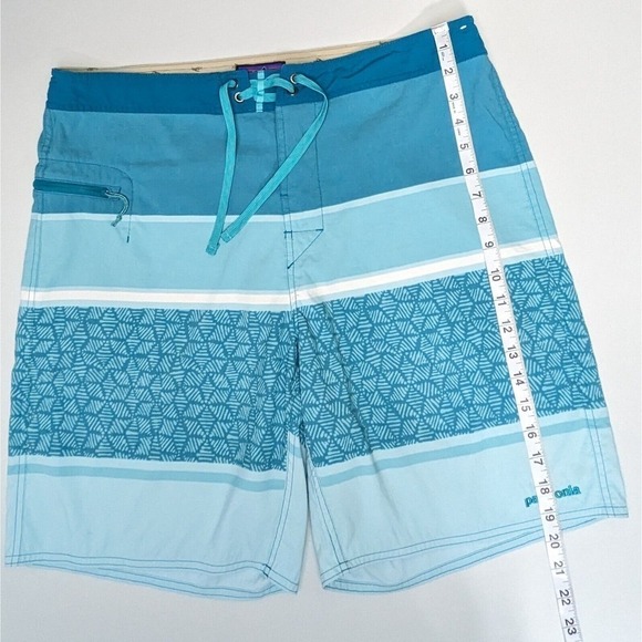 Patagonia Board Shorts 36 Blue Geo Stripe Surf Beach Hiking Drawstring Closure - Picture 8 of 11